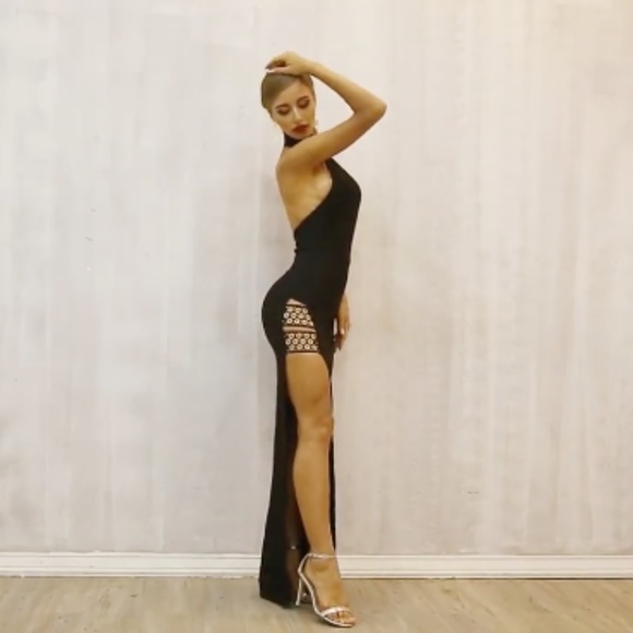 LONG BLACK BANDAGE DRESS LEG SLIT BACKLESS MAXI - Picture 10 of 13